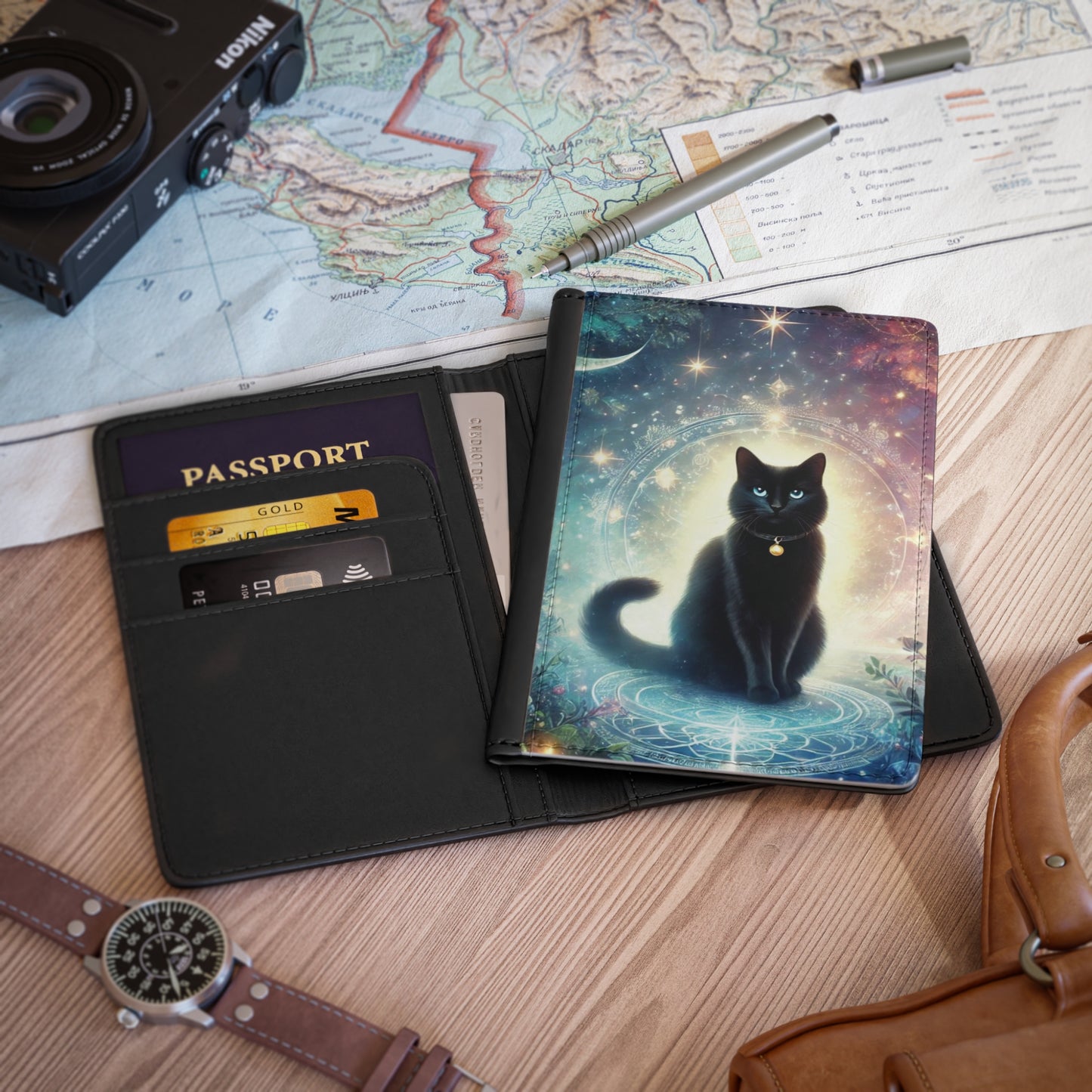 Celestial Cosmic Black Cat - Passport Cover - Travel Wallet   