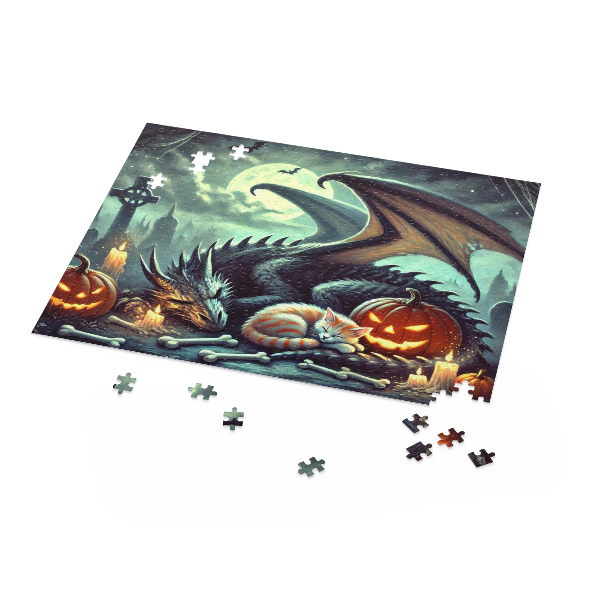 Fantasy Dragon and Cat Halloween Puzzle - Gift 120, 252, or 500 -piece options   