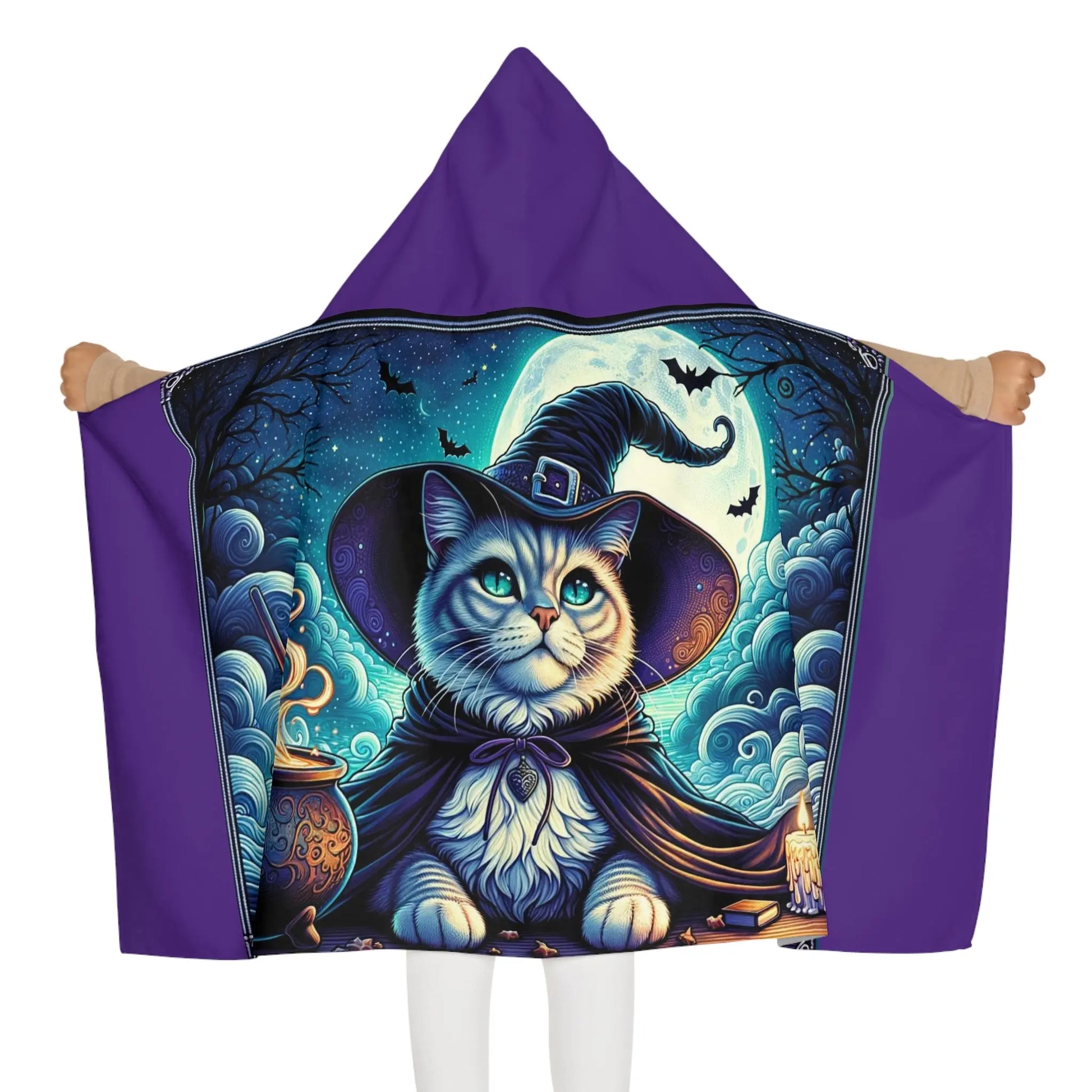 Witchy Cat - Purple Halloween  - Youth Hooded Towel   