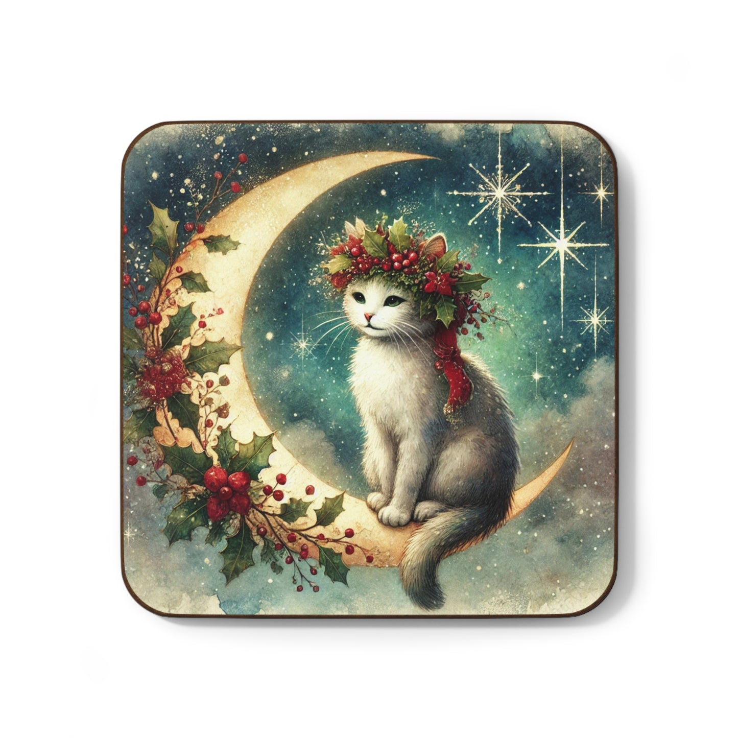 Holiday Moon - Cat lover - Hardboard Back Coaster   