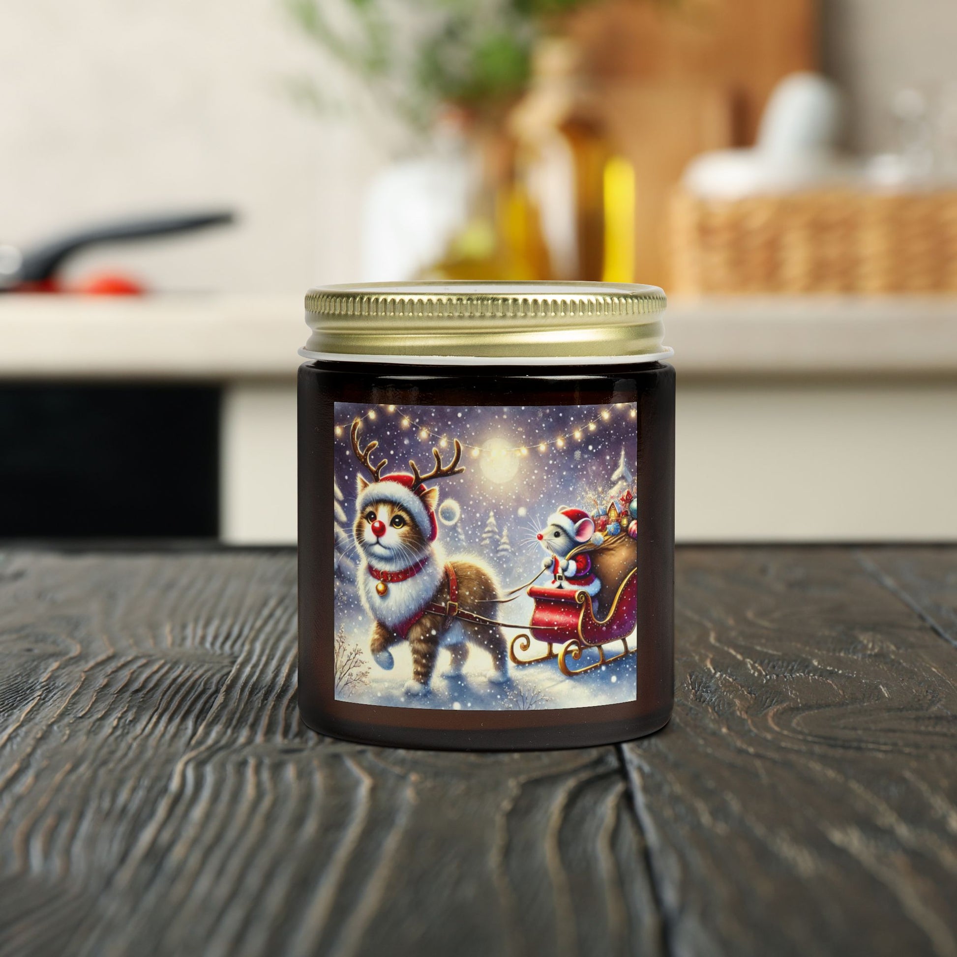 Santa Mouse- Cat Reindeer - Christmas Decor - Scented Coconut Apricot Candles 4oz   