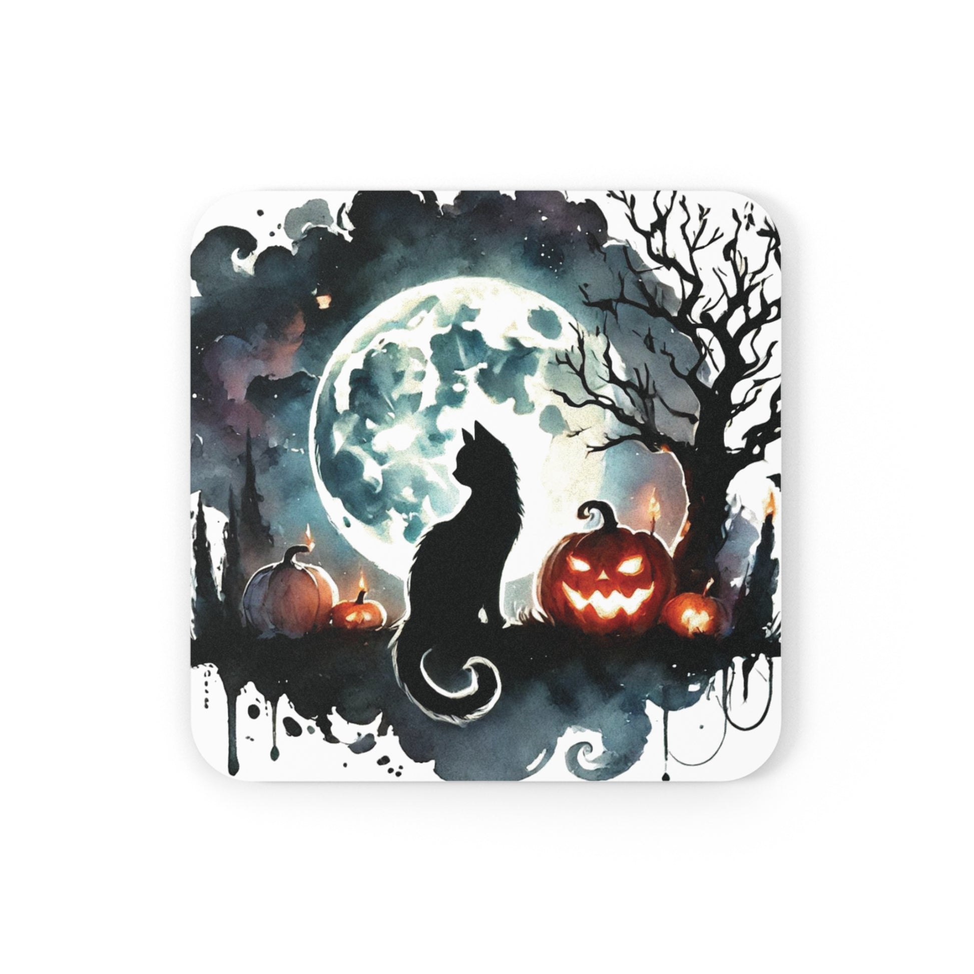 Halloween Decor - Black Cat Full Moon - High Gloss Drink Coaster   