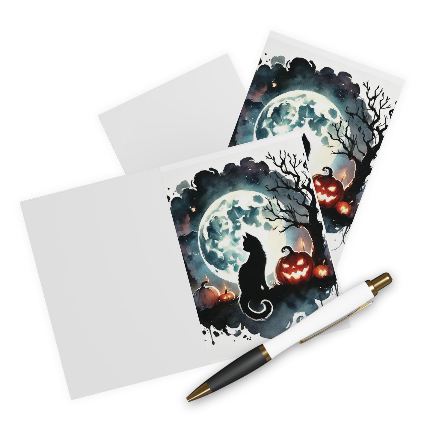 Halloween - Black Cat and Full Moon - Greeting Cards (5 Pack)   