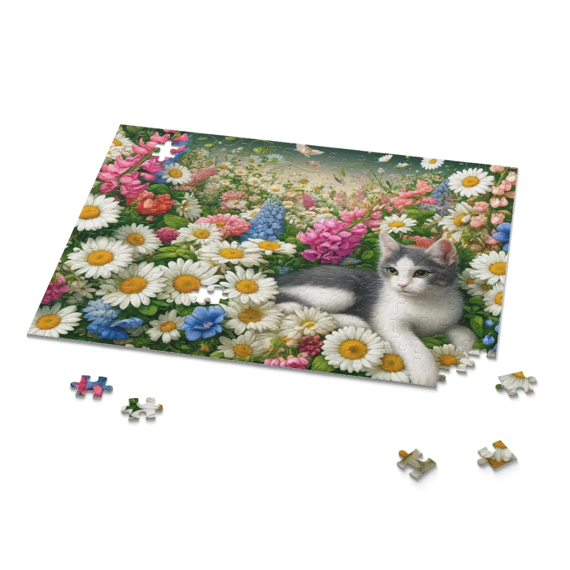 April Birth Flower Puzzle - Daisy & Sweet Pea - Cat Lover Gift - 120- 252- or 500-Piece - Montecore PawPrints