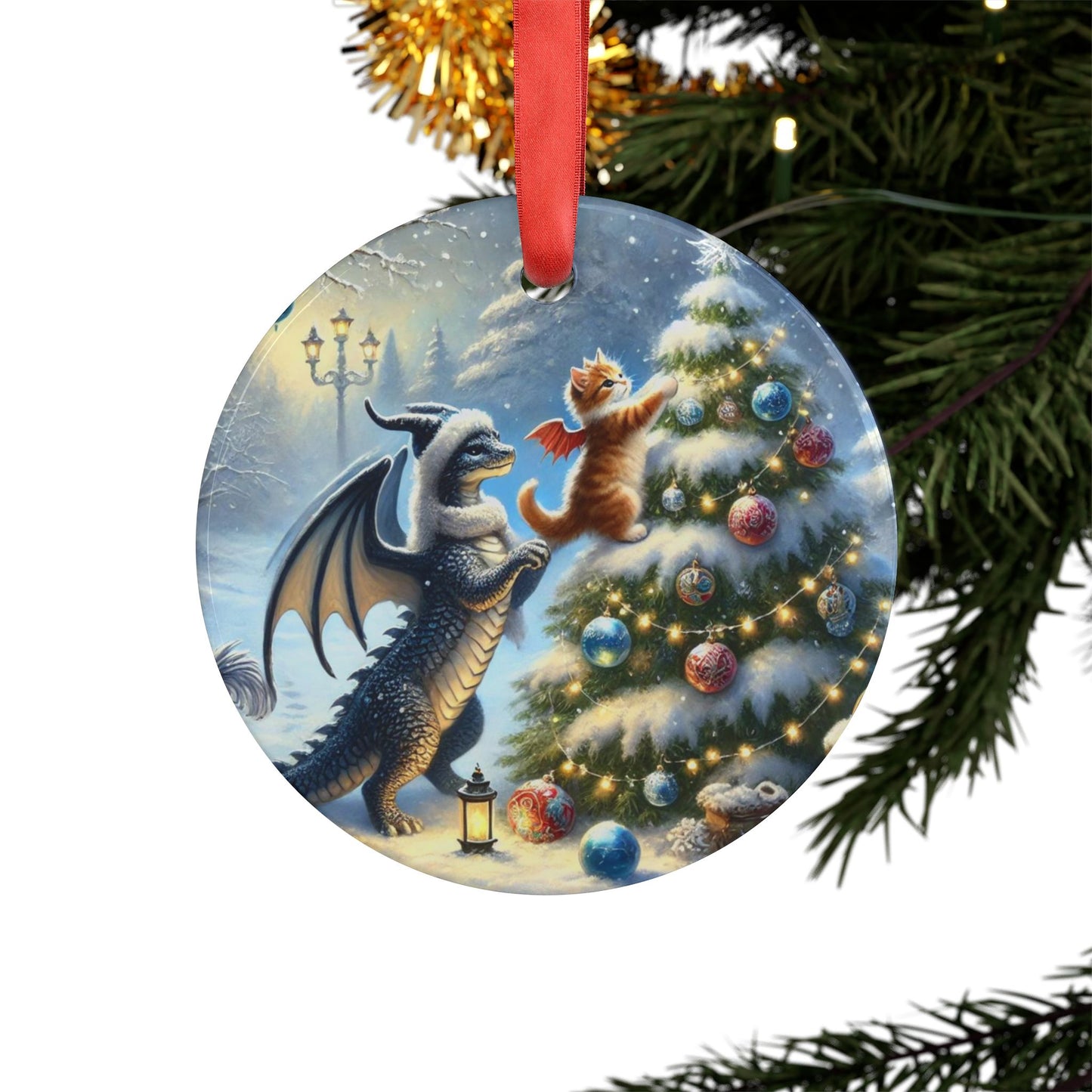 Fantasy Christmas Dragon - Cat Lover Acrylic Ornament with Ribbon   