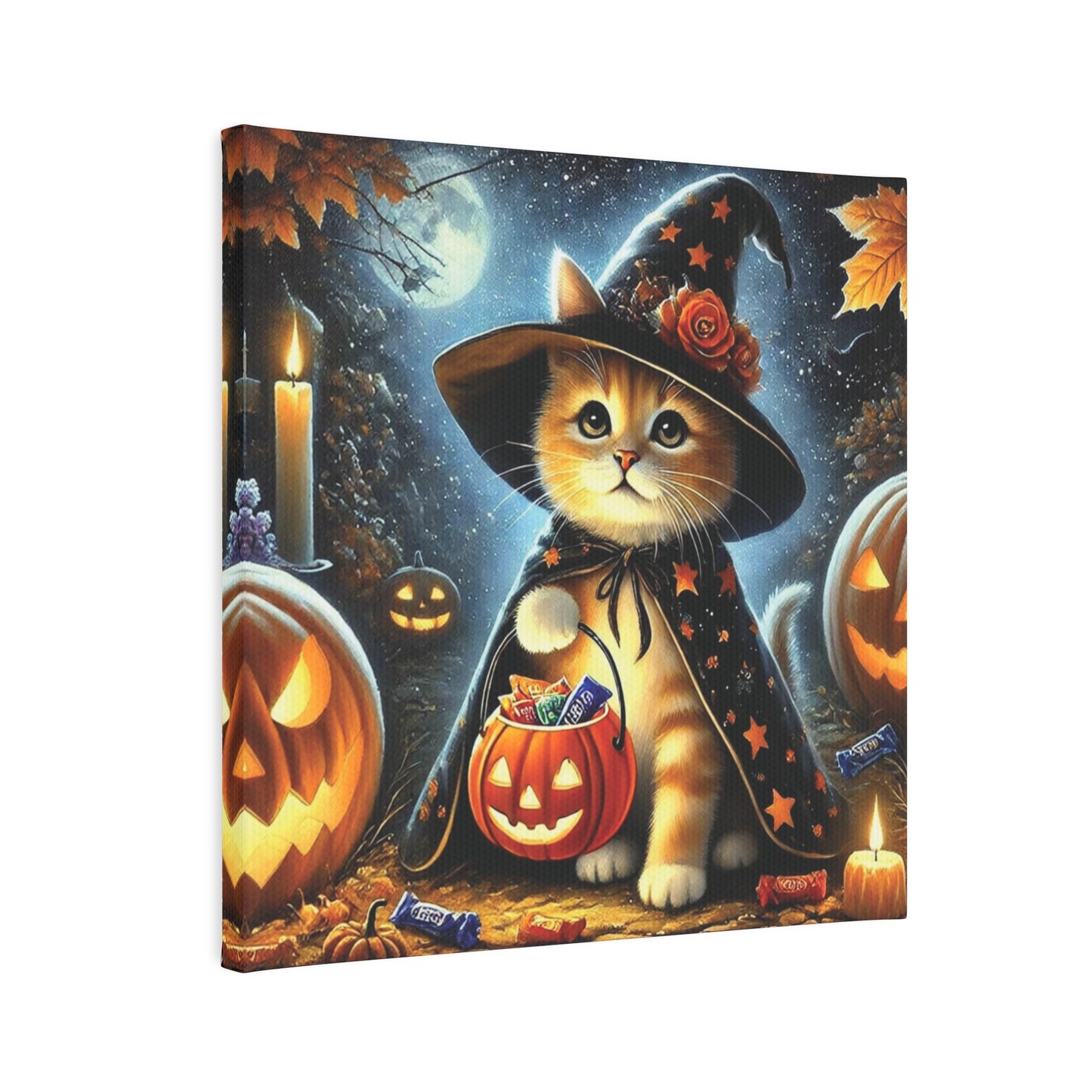 Halloween Decoration -  Orange Cat Witch Trick or Treating - Wall Art Decor 8x8   