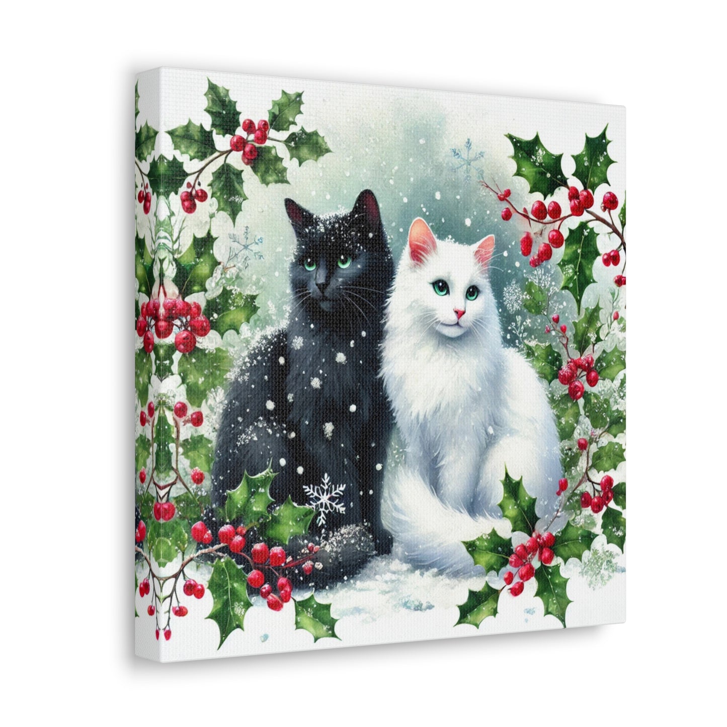 Winter Holly Hugs -  Cat Lover - Holiday Decor - Canvas Gallery Wraps   