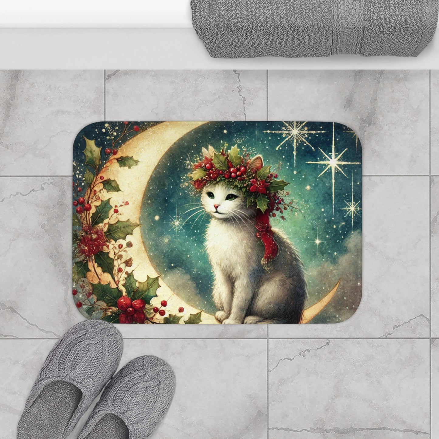 Holiday Moon - Cat Lover - Bath Mat -24x17   