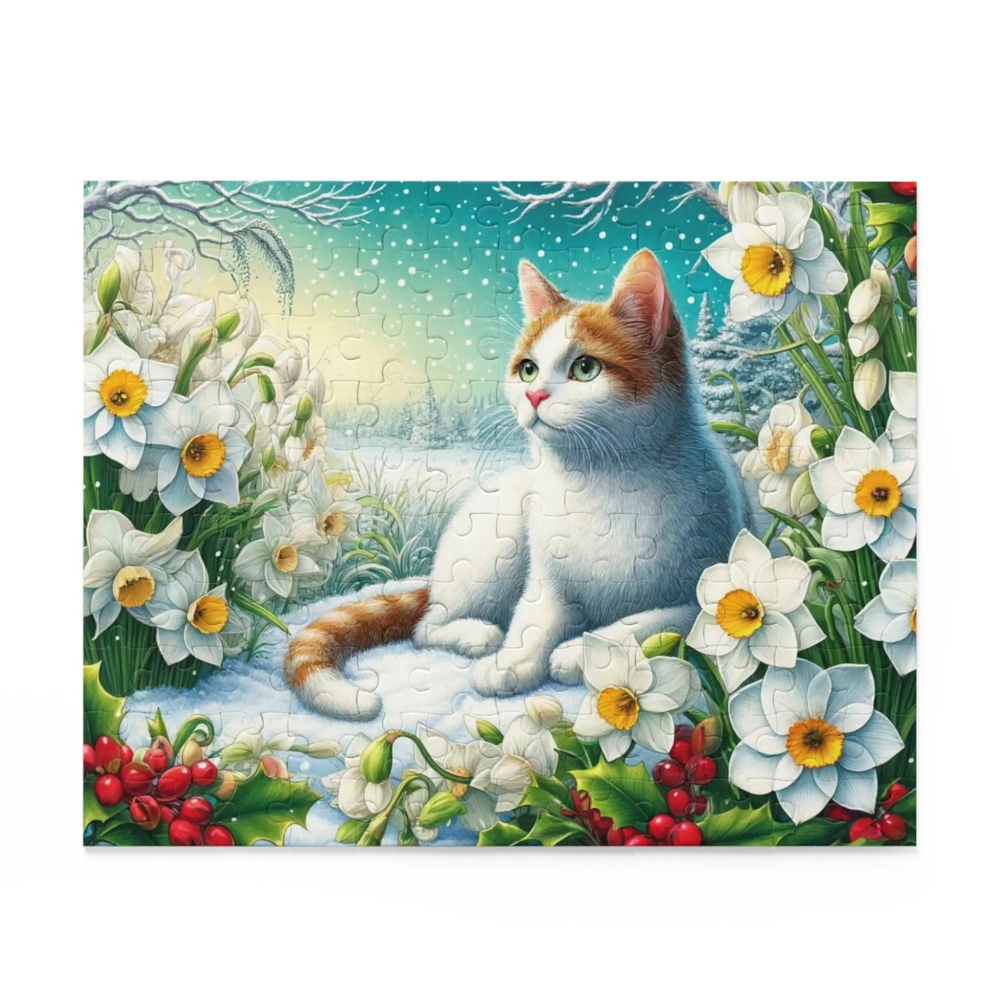 December Birth Flower Puzzle - Holly and Narcissus - Cat Lover Gift -120-piece- 252-piece- or 500-piece - Montecore PawPrints