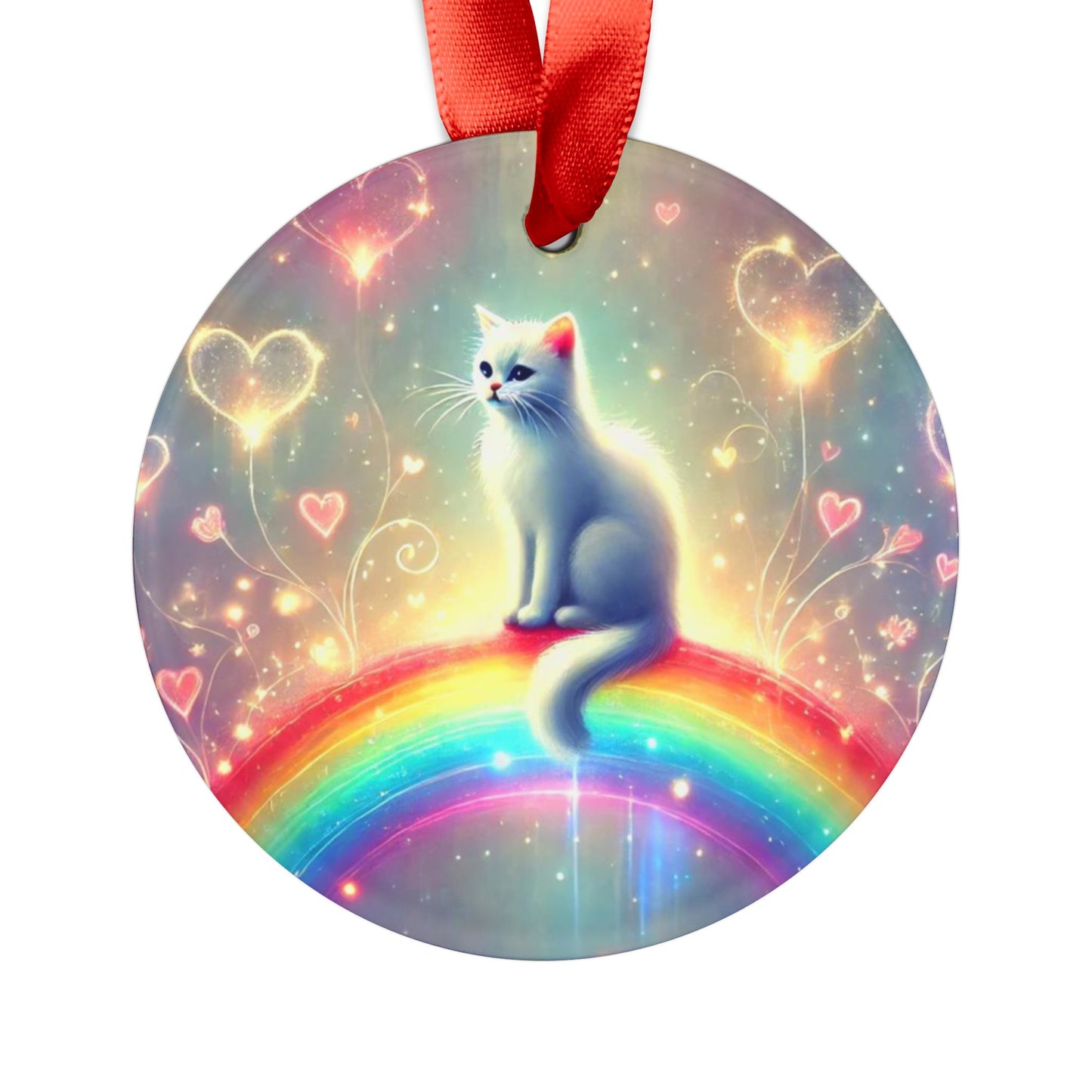 Hearts and Rainbows - Cat Lover Acrylic Ornament with Ribbon   