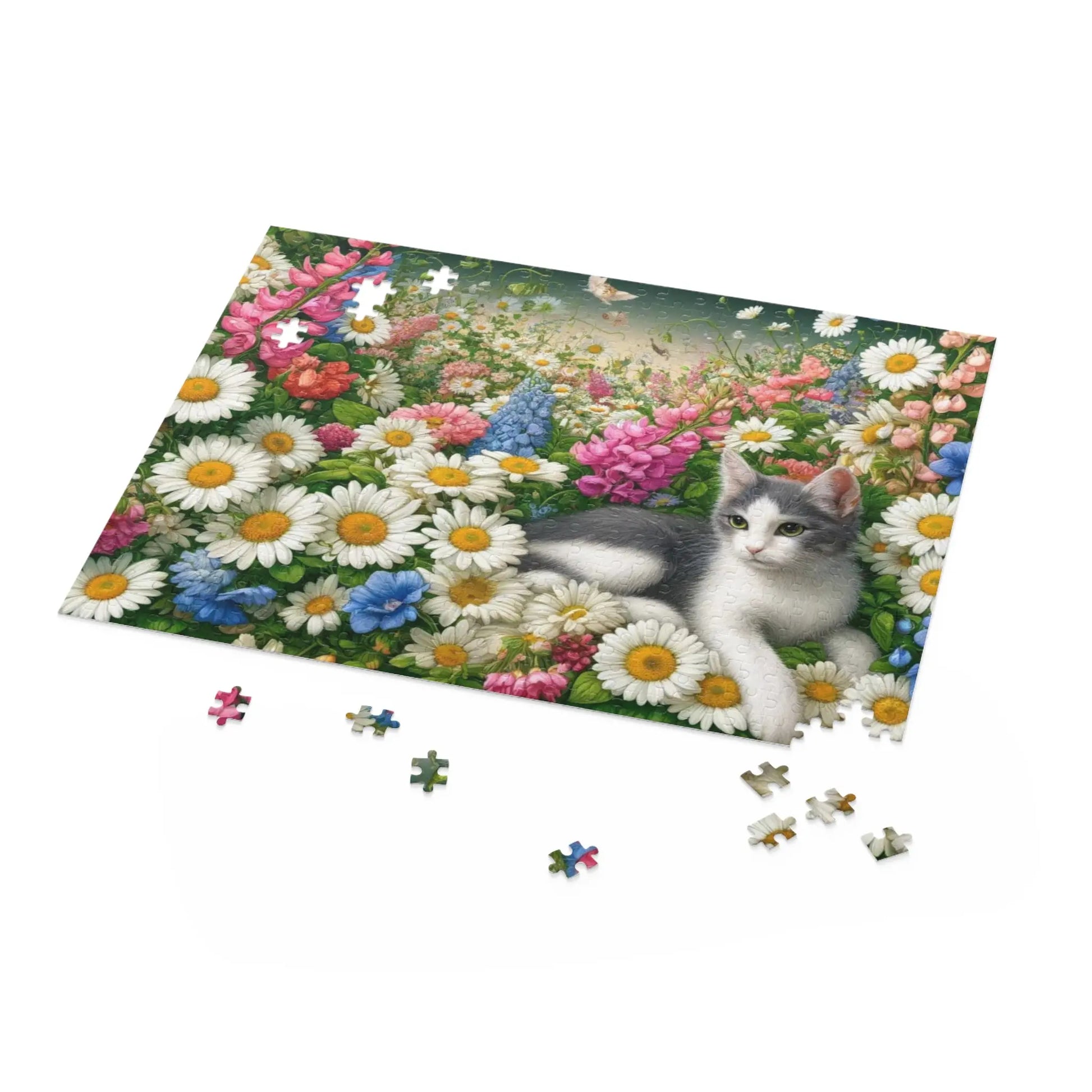 April Birth Flower Puzzle - Daisy & Sweet Pea - Cat Lover Gift - 120- 252- or 500-Piece - Montecore PawPrints