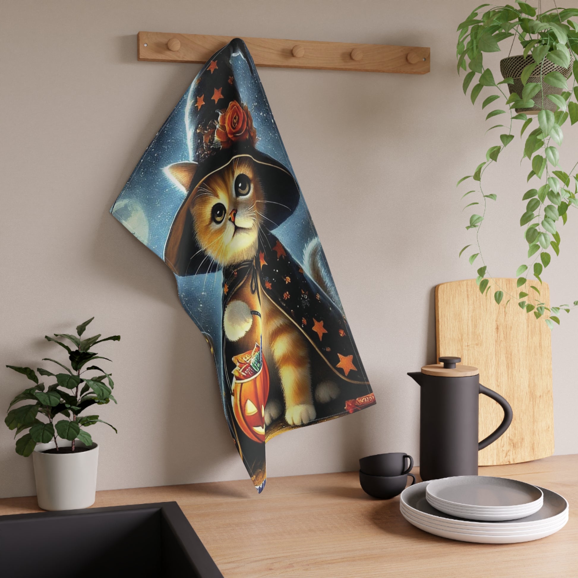 Halloween Decoration - Orange Kitten Trick or Treating - Kitchen Tea Towel   