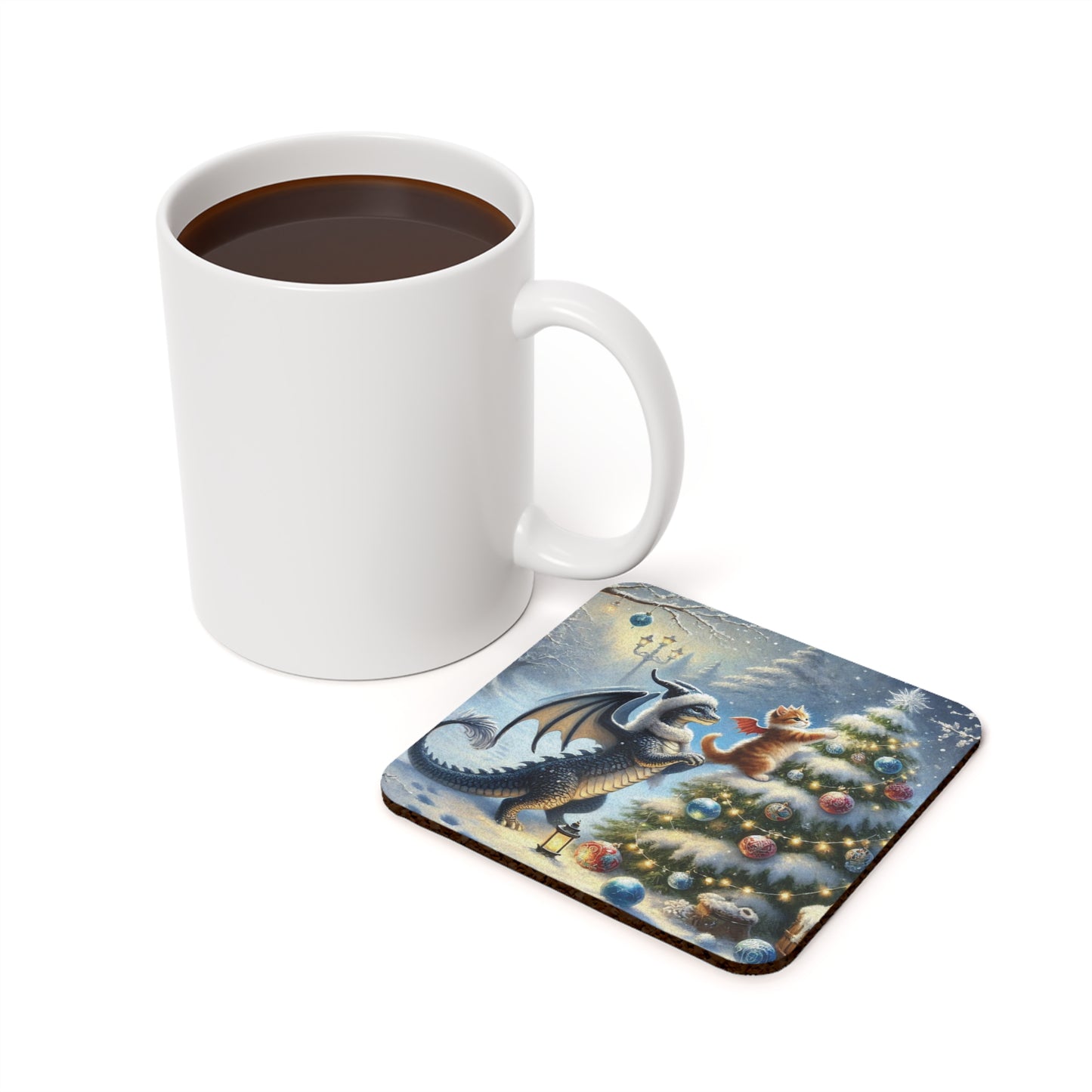 Fantasy Holiday Decor -Dragon Kitten Lover - High Gloss Drink Coaster   