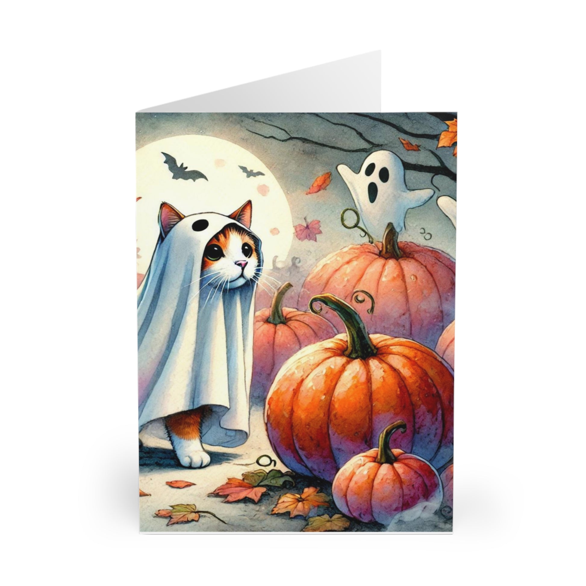 Halloween Ghost Cat in Pumpkin Patch- Blank Greeting Cards (5 Pack)   