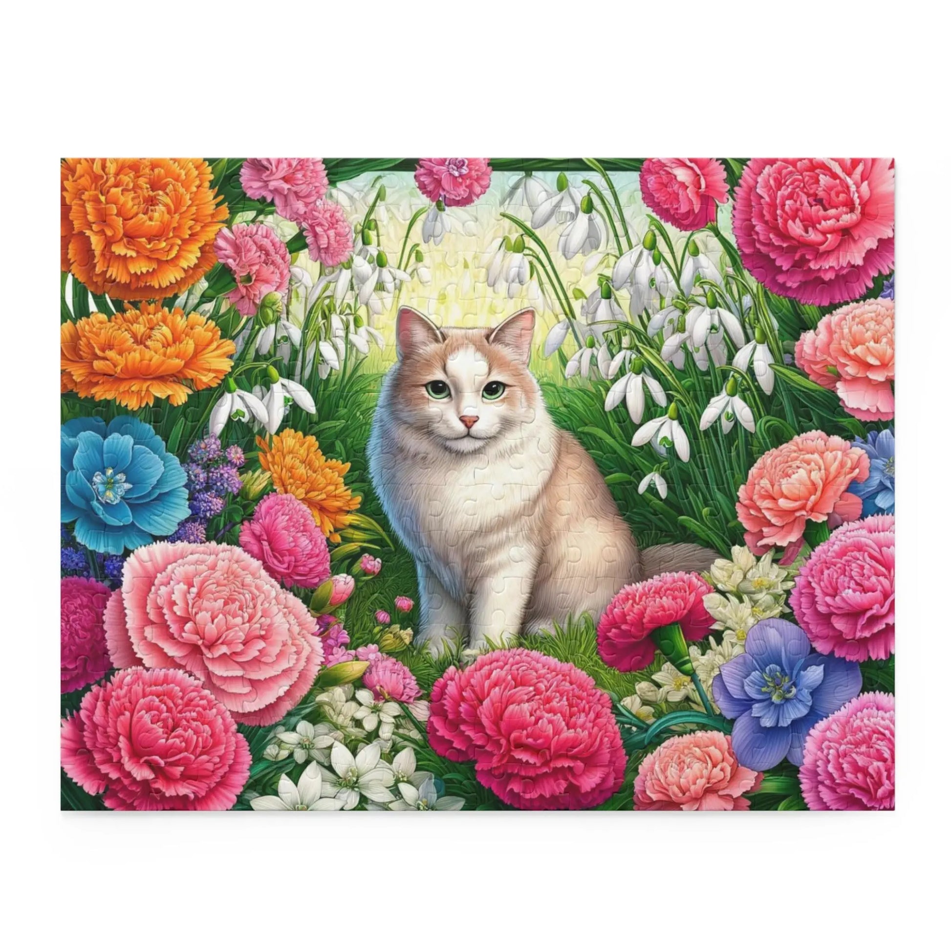 January Birth Flower Puzzle - Carnations & Snowdrops - Cat Lover Gift - 120, 252, or 500-piece - Montecore PawPrints