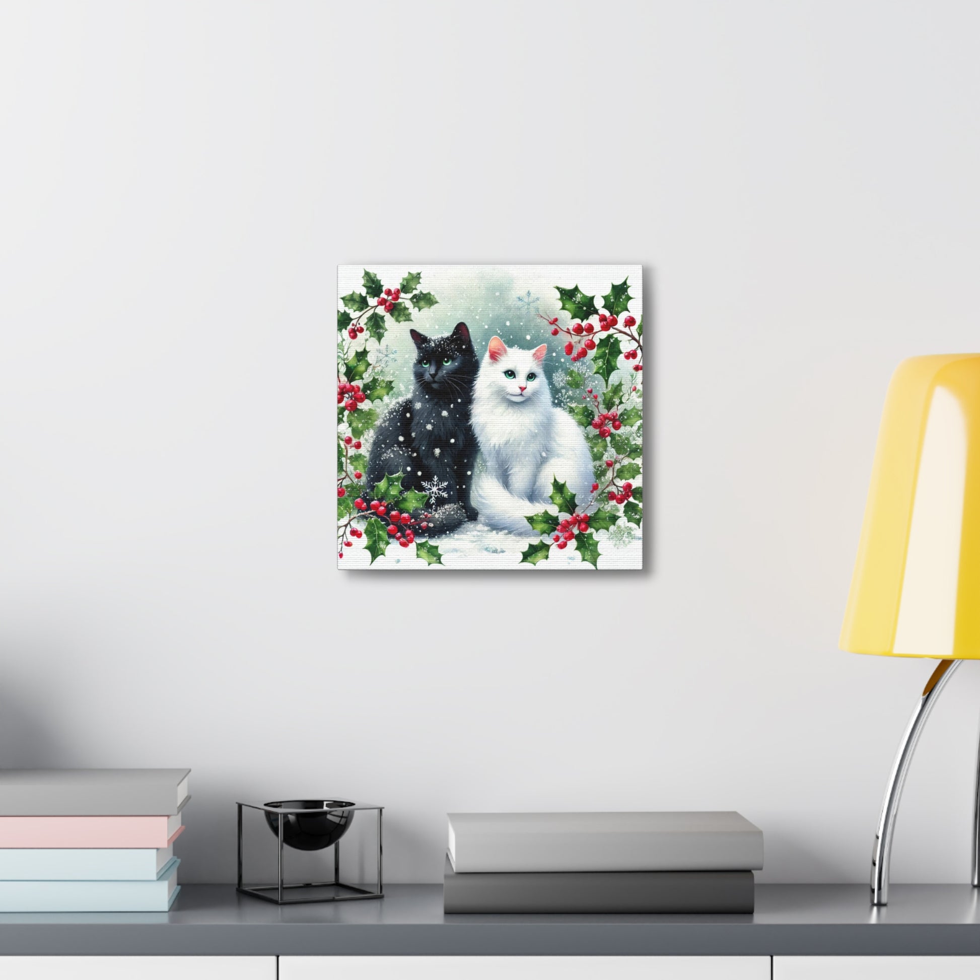 Winter Holly Hugs -  Cat Lover - Holiday Decor - Canvas Gallery Wraps   