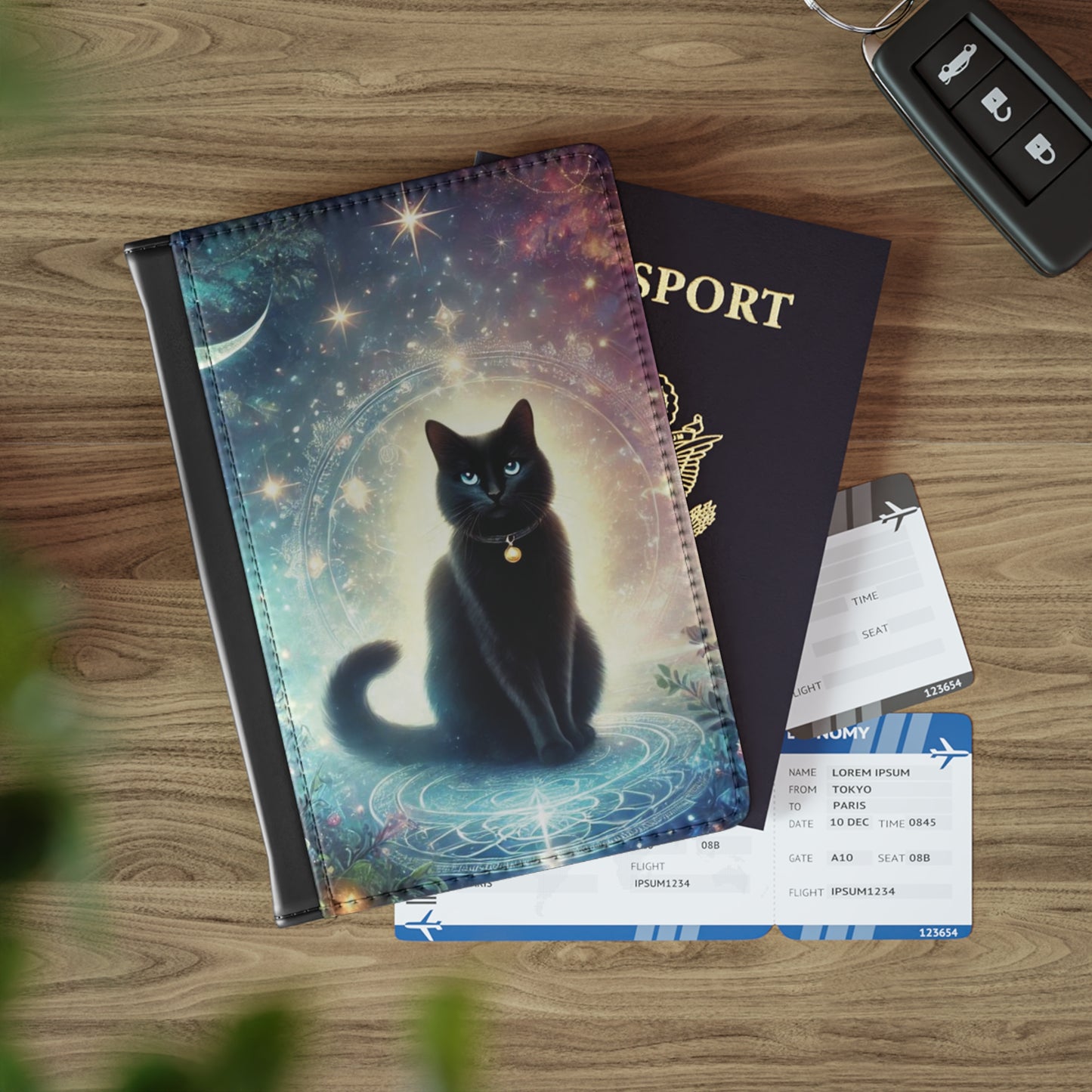 Celestial Cosmic Black Cat - Passport Cover - Travel Wallet   