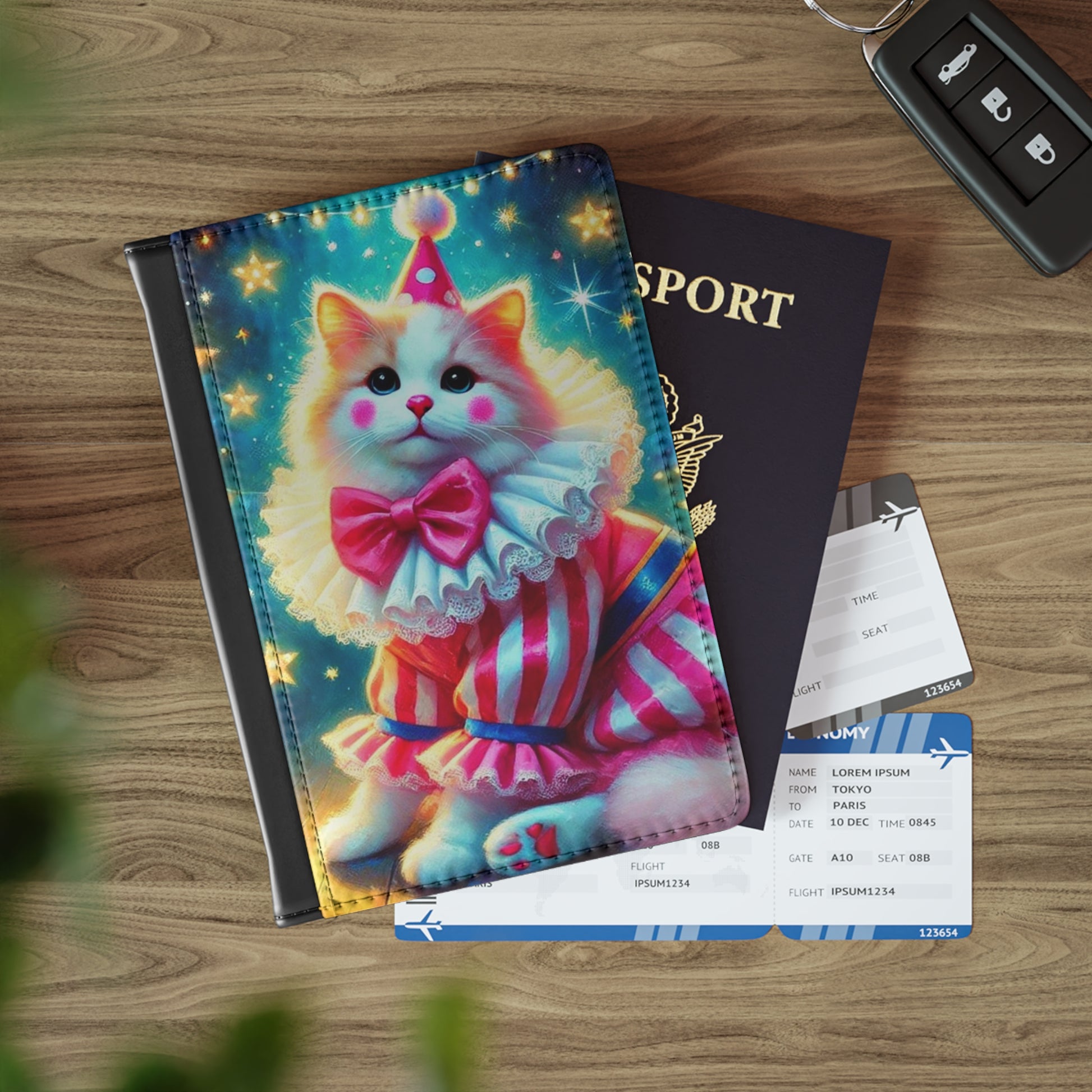 Circus Pink Stripped Cat Clown - Passport Cover - Travel Wallet   