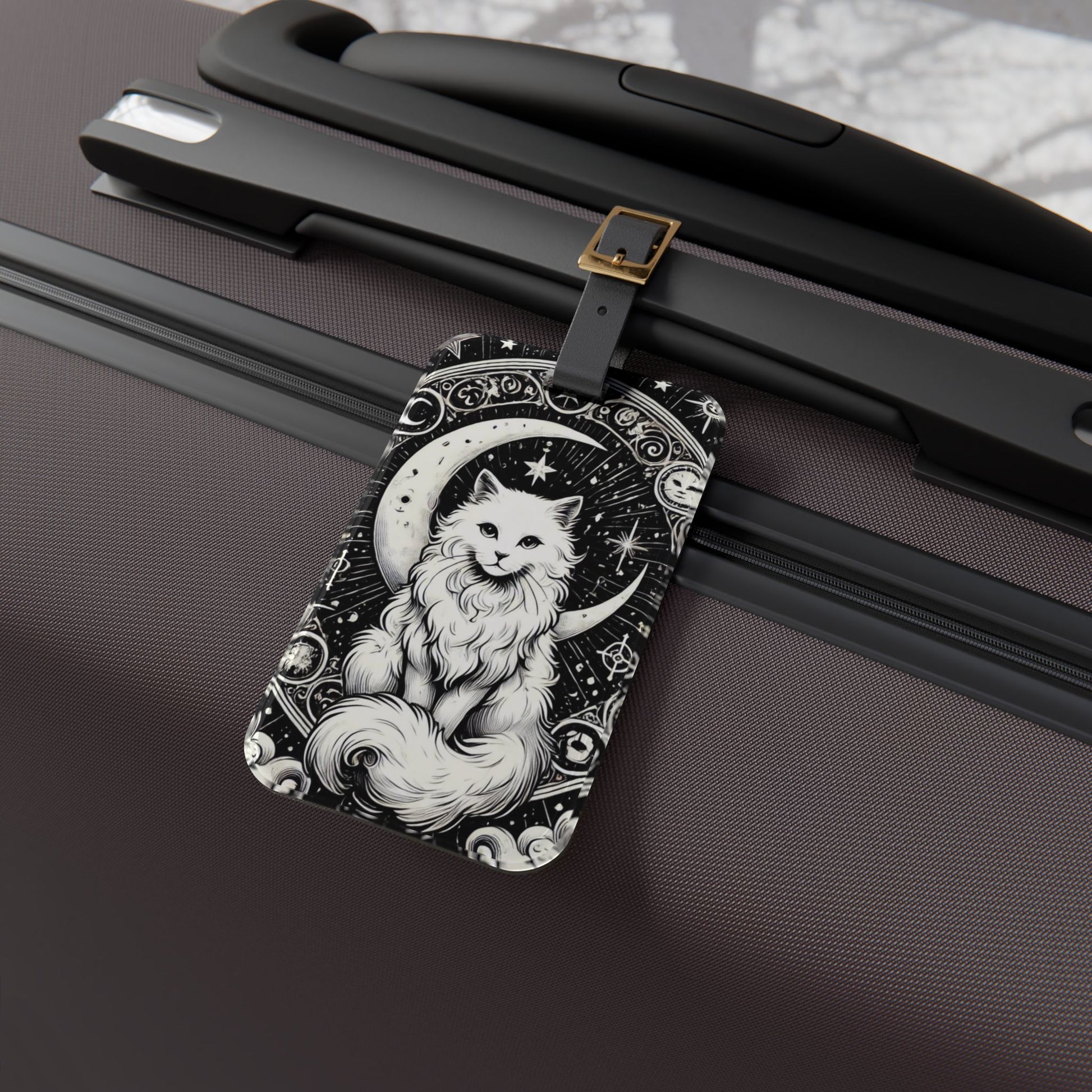 Celestial Tarot Moon - White Cat - Luggage Tag - Travel Gift   