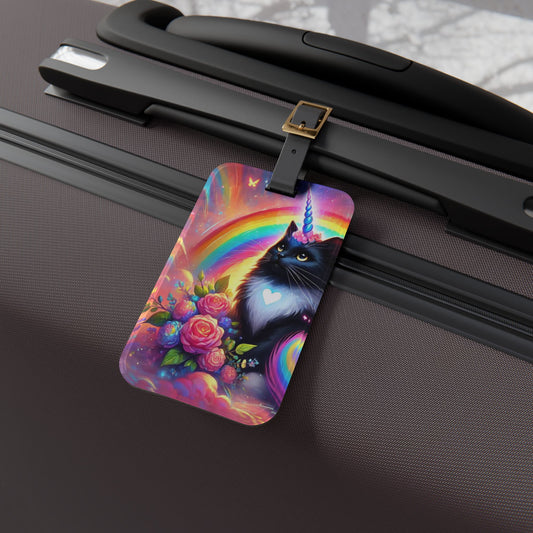 Black Caticorn - Pink Flowers - Cat Unicorn - Luggage Tag - Travel Gift   