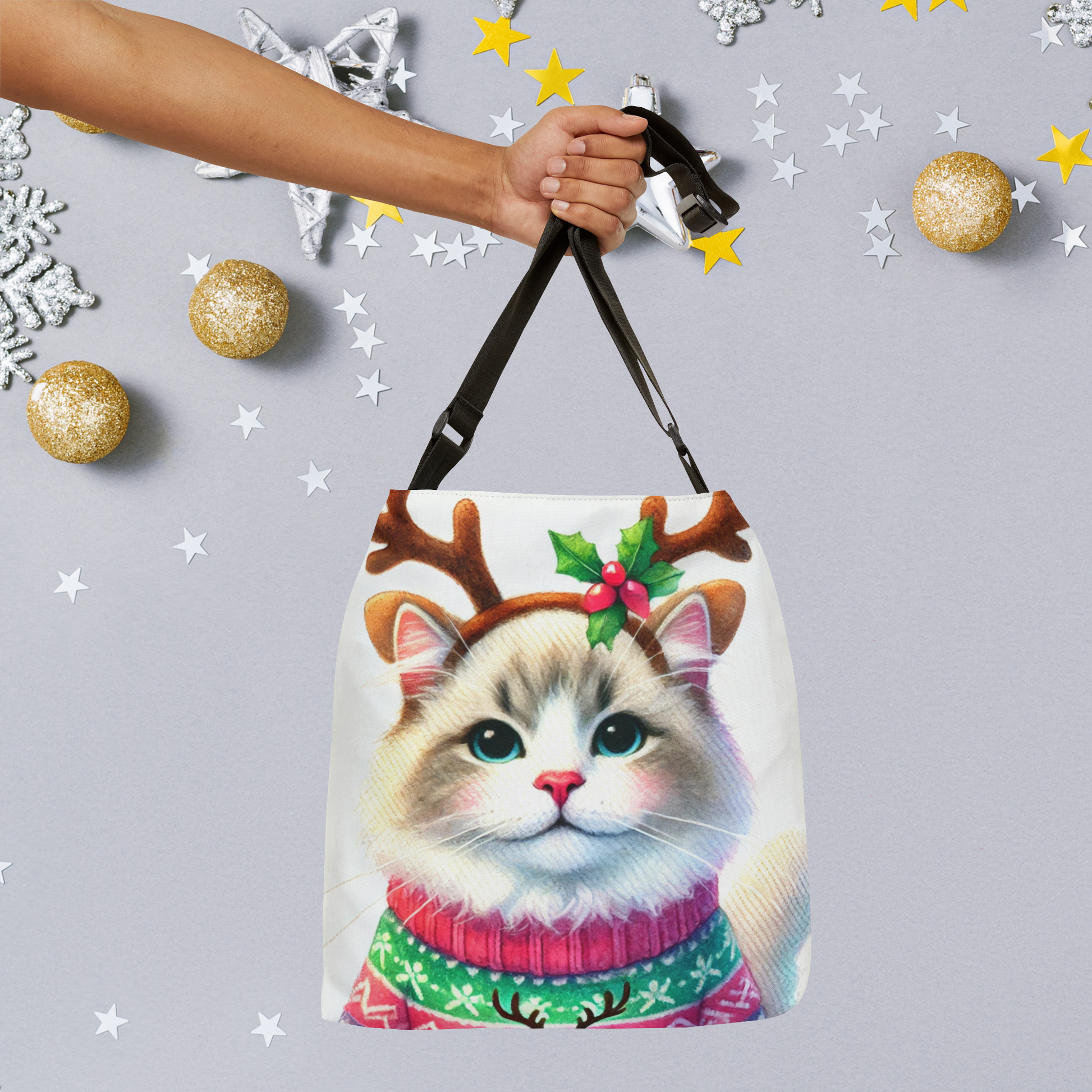 Cat Reindeer - Christmas Sweater - Adjustable Strap Tote Bag   