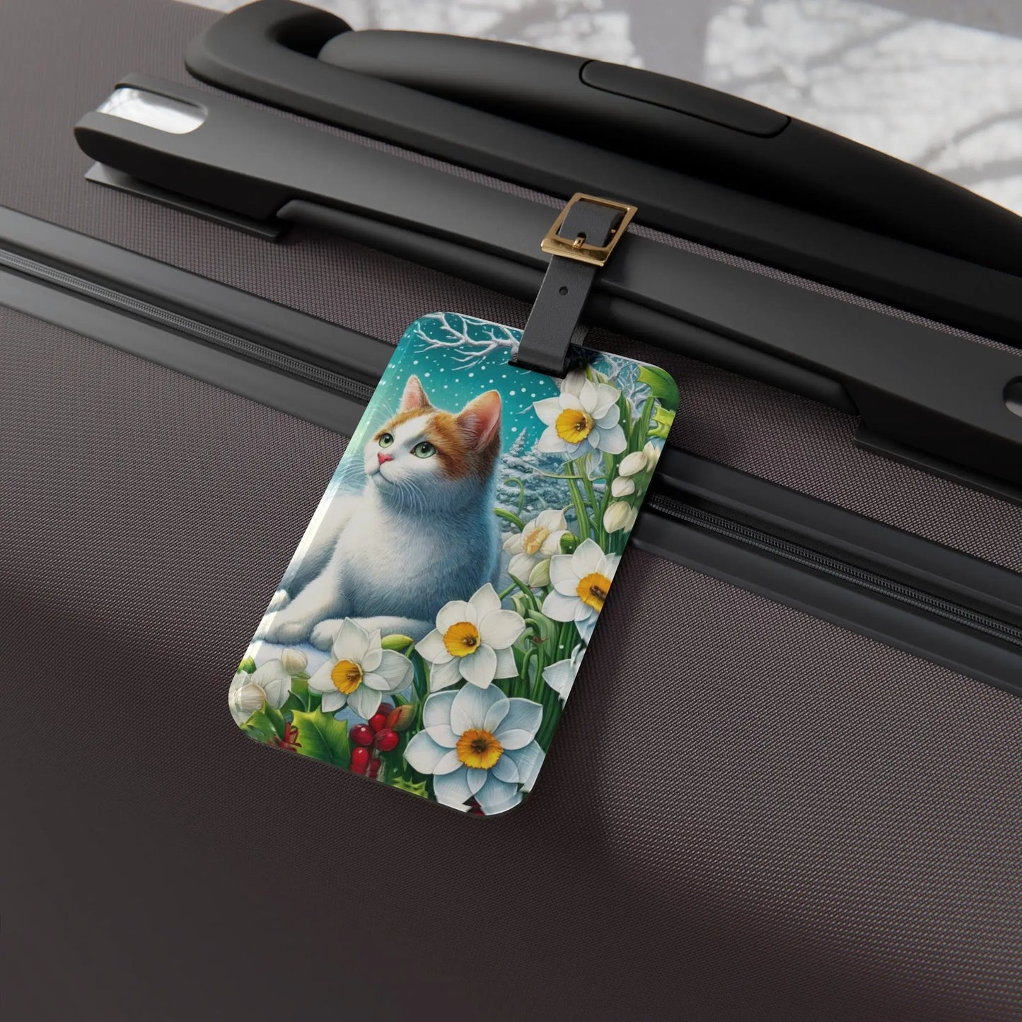 December Birth Flower -  Holly and Narcissus - Cat Lover - Luggage Tag - Montecore PawPrints