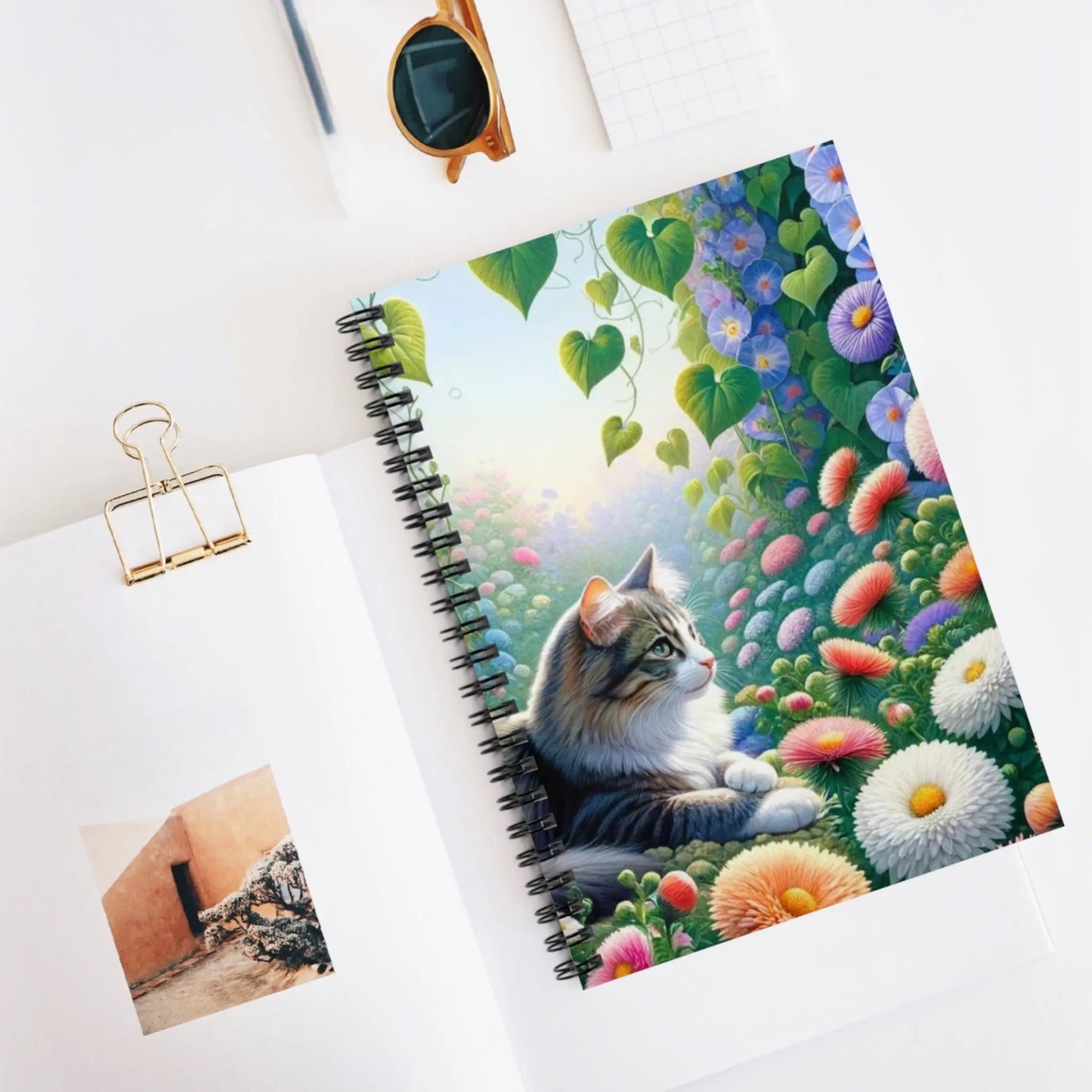 September Birth Flower - Cat Notebook - Aster and Honey Suckle- Spiral Notebook - Ruled Line - Montecore PawPrints