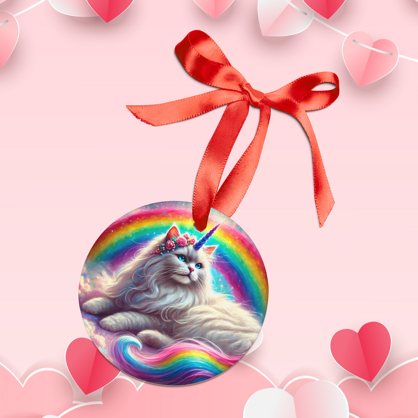 Rainbow Caticorn - Cat Unicorn - Acrylic Ornament with Ribbon   