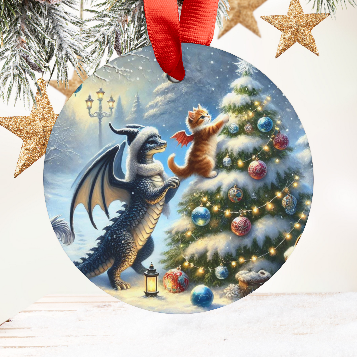 Fantasy Christmas Dragon - Cat Lover Acrylic Ornament with Ribbon   