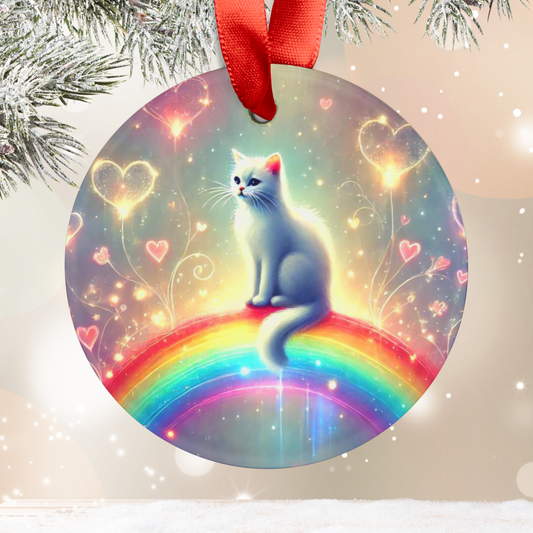 Hearts and Rainbows - Cat Lover Acrylic Ornament with Ribbon   