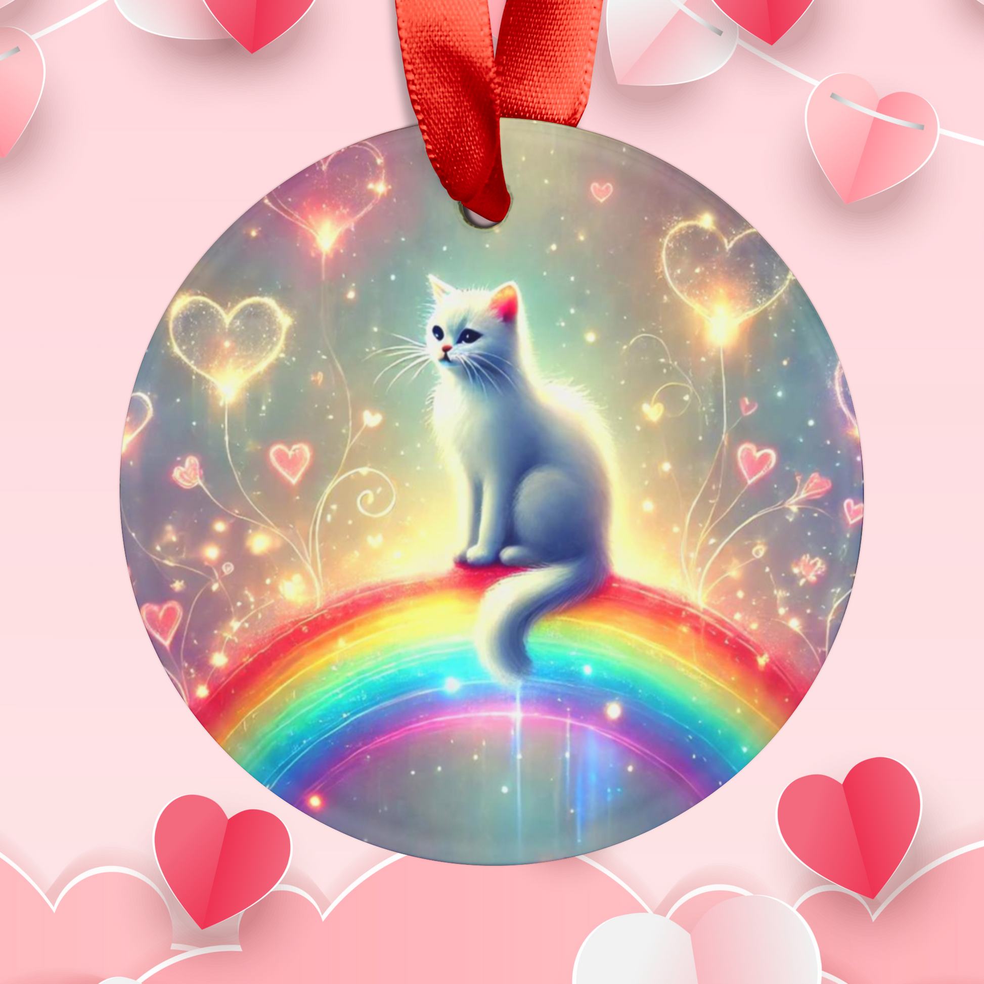 Hearts and Rainbows - Cat Lover Acrylic Ornament with Ribbon   