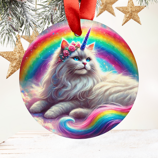 Rainbow Caticorn - Cat Unicorn - Acrylic Ornament with Ribbon   