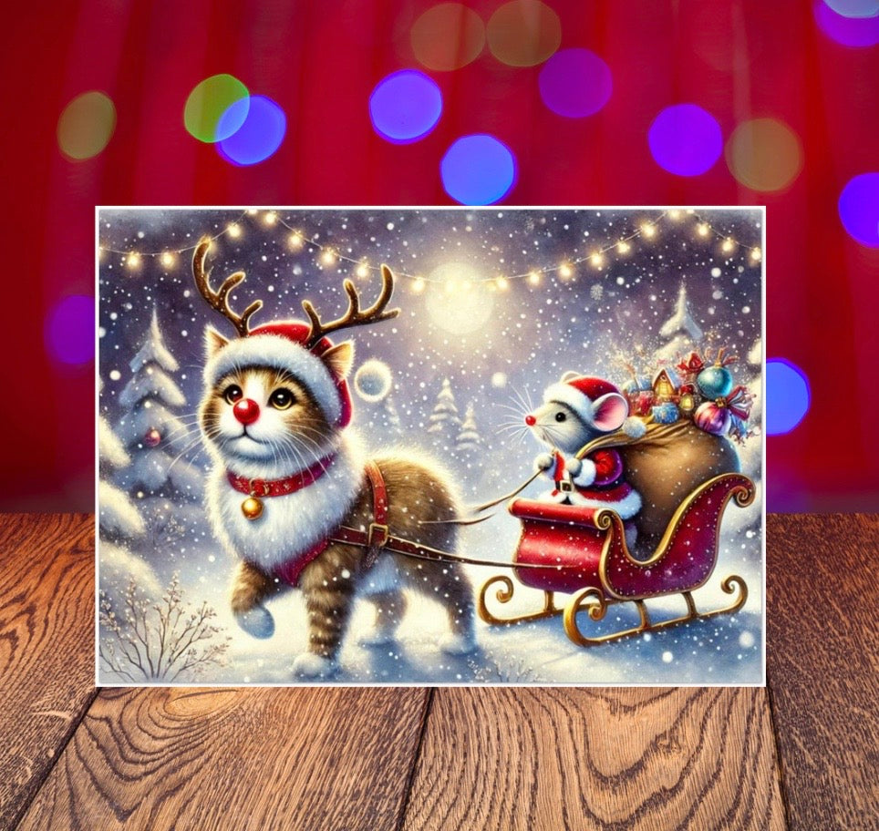 Cat Rudolph- Mouse Santa - Pack of 10 Blank Holiday Greeting Cards   