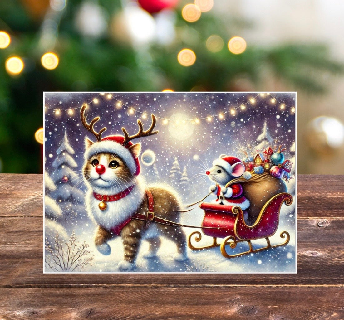 Cat Rudolph- Mouse Santa - Pack of 10 Blank Holiday Greeting Cards   