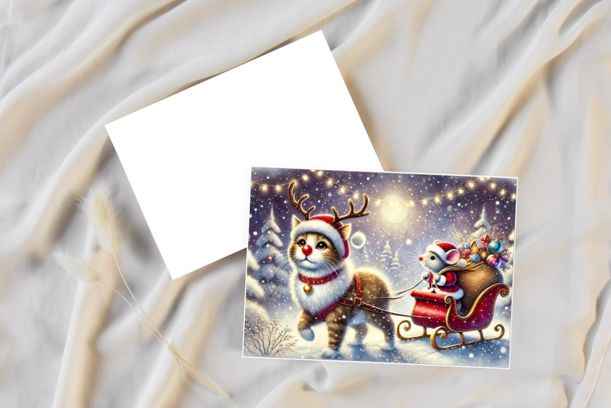 Cat Rudolph- Mouse Santa - Pack of 10 Blank Holiday Greeting Cards   