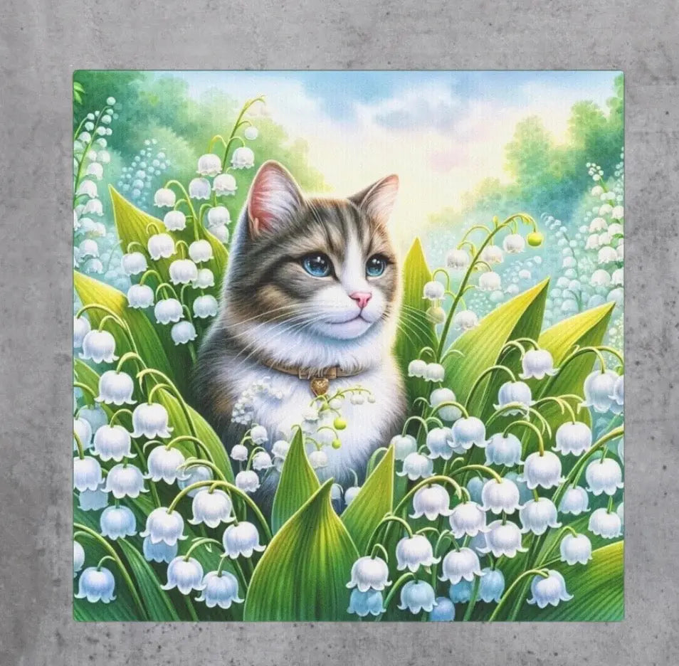 May Birthday Lilly of the Valley Cat Lover Wall Art Decor - Great Birthday Gift - 8x8 Canvas Tile Print - Montecore PawPrints