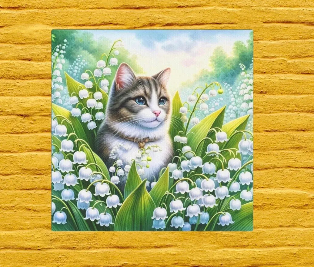 May Birthday Lilly of the Valley Cat Lover Wall Art Decor - Great Birthday Gift - 8x8 Canvas Tile Print - Montecore PawPrints