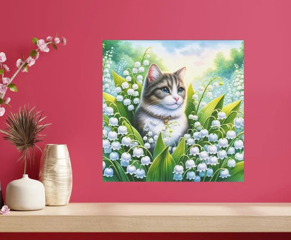 May Birthday Lilly of the Valley Cat Lover Wall Art Decor - Great Birthday Gift - 8x8 Canvas Tile Print - Montecore PawPrints