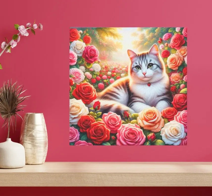 June Birthday Roses Cat Lover - Wall Art Decor - 8x8 Canvas Tile Print - Montecore PawPrints