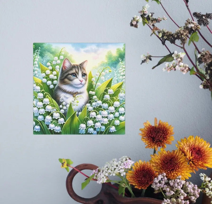 May Birthday Lilly of the Valley Cat Lover Wall Art Decor - Great Birthday Gift - 8x8 Canvas Tile Print - Montecore PawPrints