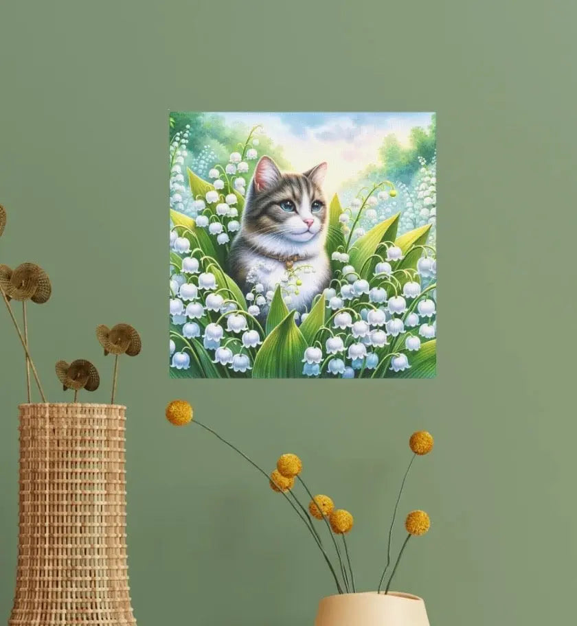 May Birthday Lilly of the Valley Cat Lover Wall Art Decor - Great Birthday Gift - 8x8 Canvas Tile Print - Montecore PawPrints