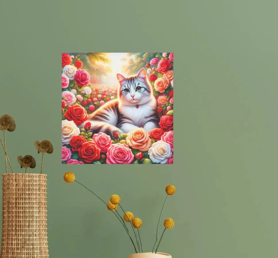 June Birthday Roses Cat Lover - Wall Art Decor - 8x8 Canvas Tile Print - Montecore PawPrints