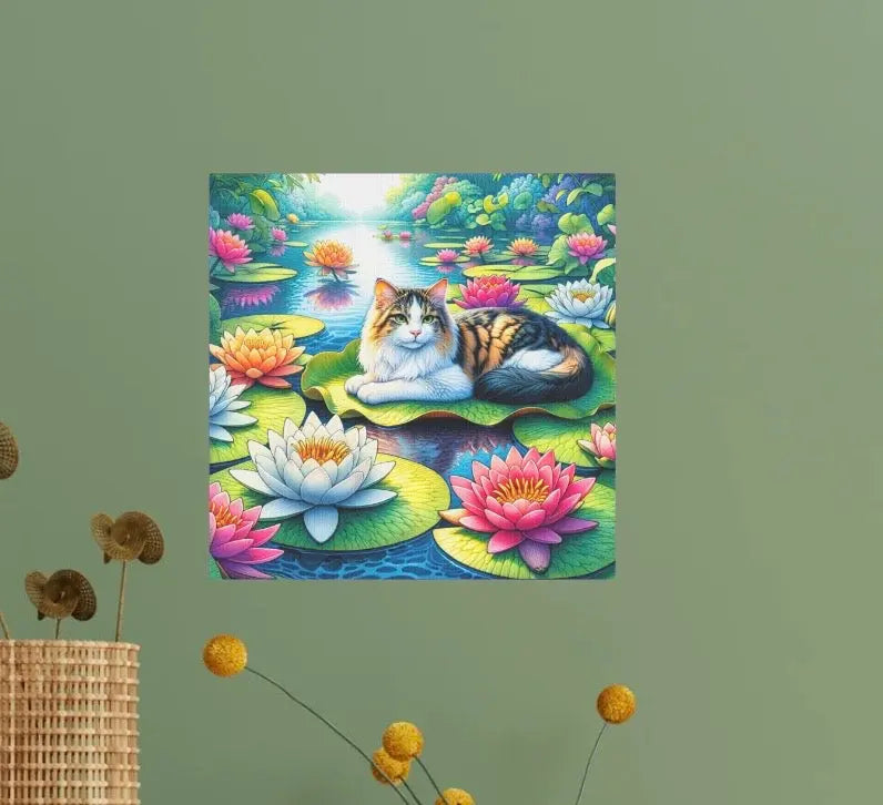 July Birthday Water Lilly Cat Lover Wall Art Decor - Great Birthday Gift - 8 x 8 Canvas Tile Print - Montecore PawPrints