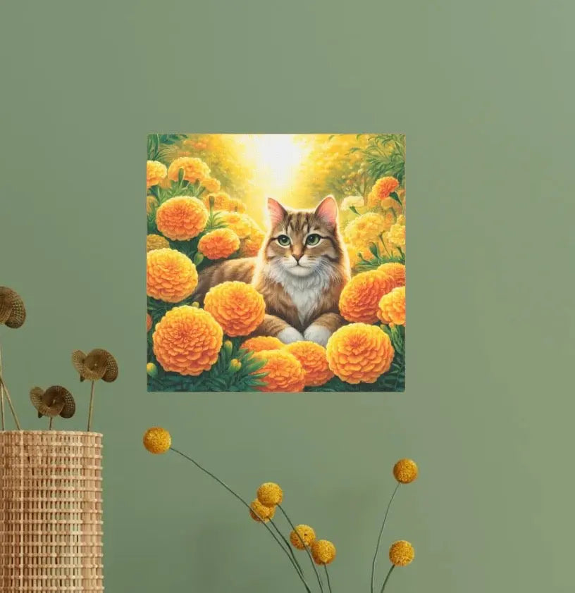 October Birthday Marigold Cat Lover Wall Art Decor - Great Birthday Gift - 8x8 Canvas Tile Print   