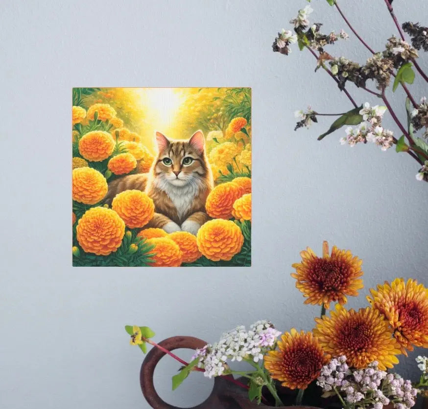 October Birthday Marigold Cat Lover Wall Art Decor - Great Birthday Gift - 8x8 Canvas Tile Print   