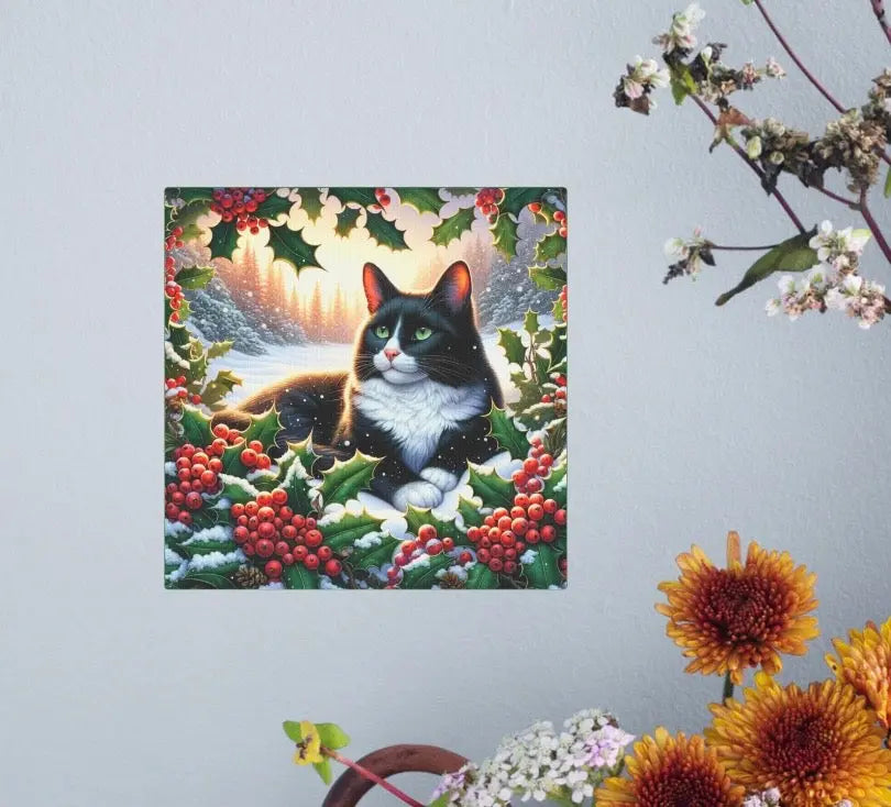 December Birthday Holly Flower Cat Lover - Wall Art Decor - Great Birthday Gift - 8x8 Canvas Tile Print   