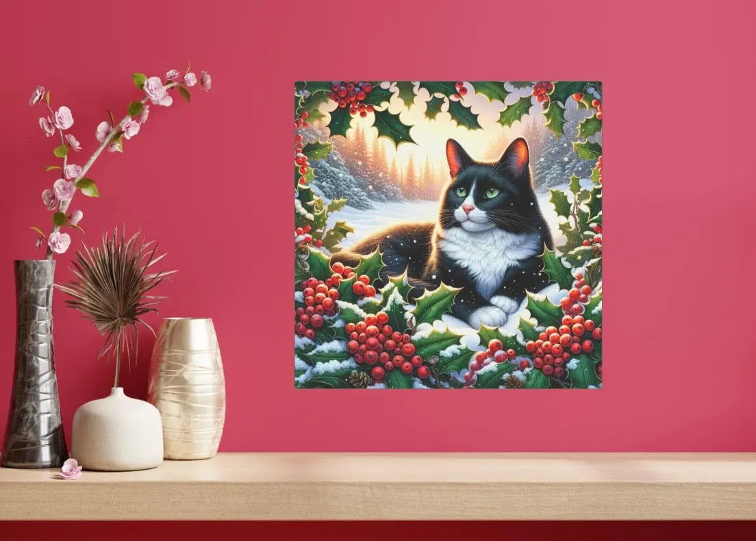 December Birthday Holly Flower Cat Lover - Wall Art Decor - Great Birthday Gift - 8x8 Canvas Tile Print   