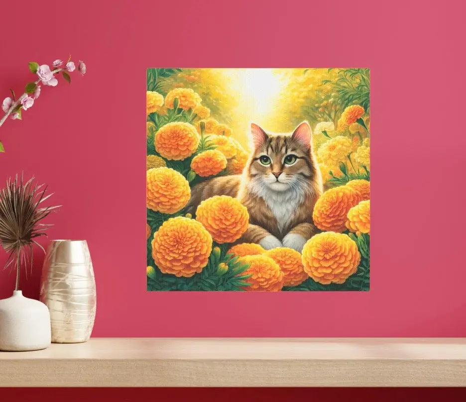 October Birthday Marigold Cat Lover Wall Art Decor - Great Birthday Gift - 8x8 Canvas Tile Print   