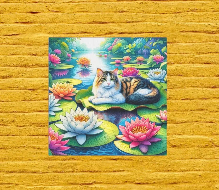 July Birthday Water Lilly Cat Lover Wall Art Decor - Great Birthday Gift - 8 x 8 Canvas Tile Print - Montecore PawPrints