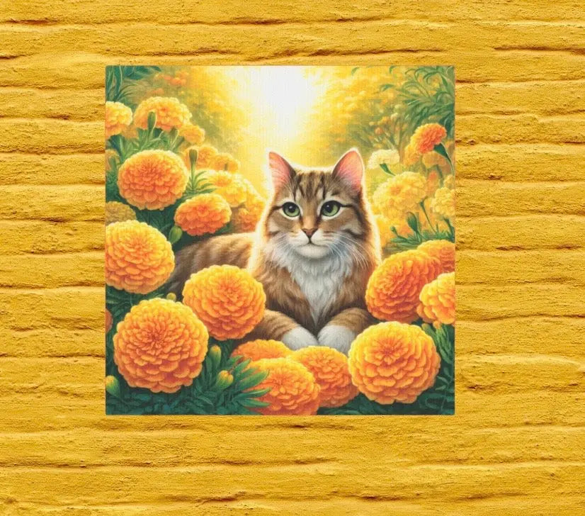 October Birthday Marigold Cat Lover Wall Art Decor - Great Birthday Gift - 8x8 Canvas Tile Print   